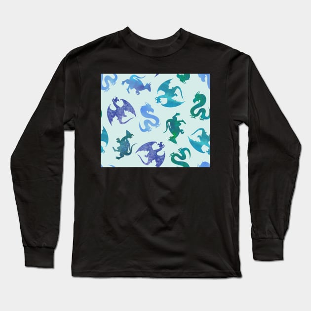 Jewel Tone Fantasy Dragon Silhouette on Teal Blue Long Sleeve T-Shirt by gloobella